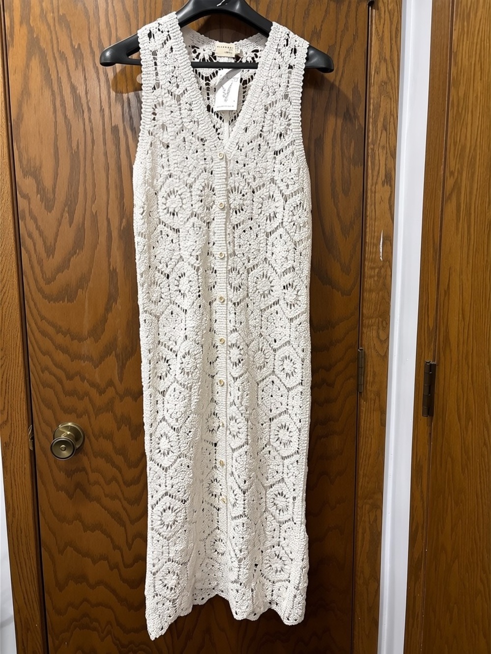 Boutique Geometric Crochet Button-Front Maxi Vest Sleeveless Coverup Dress S/M